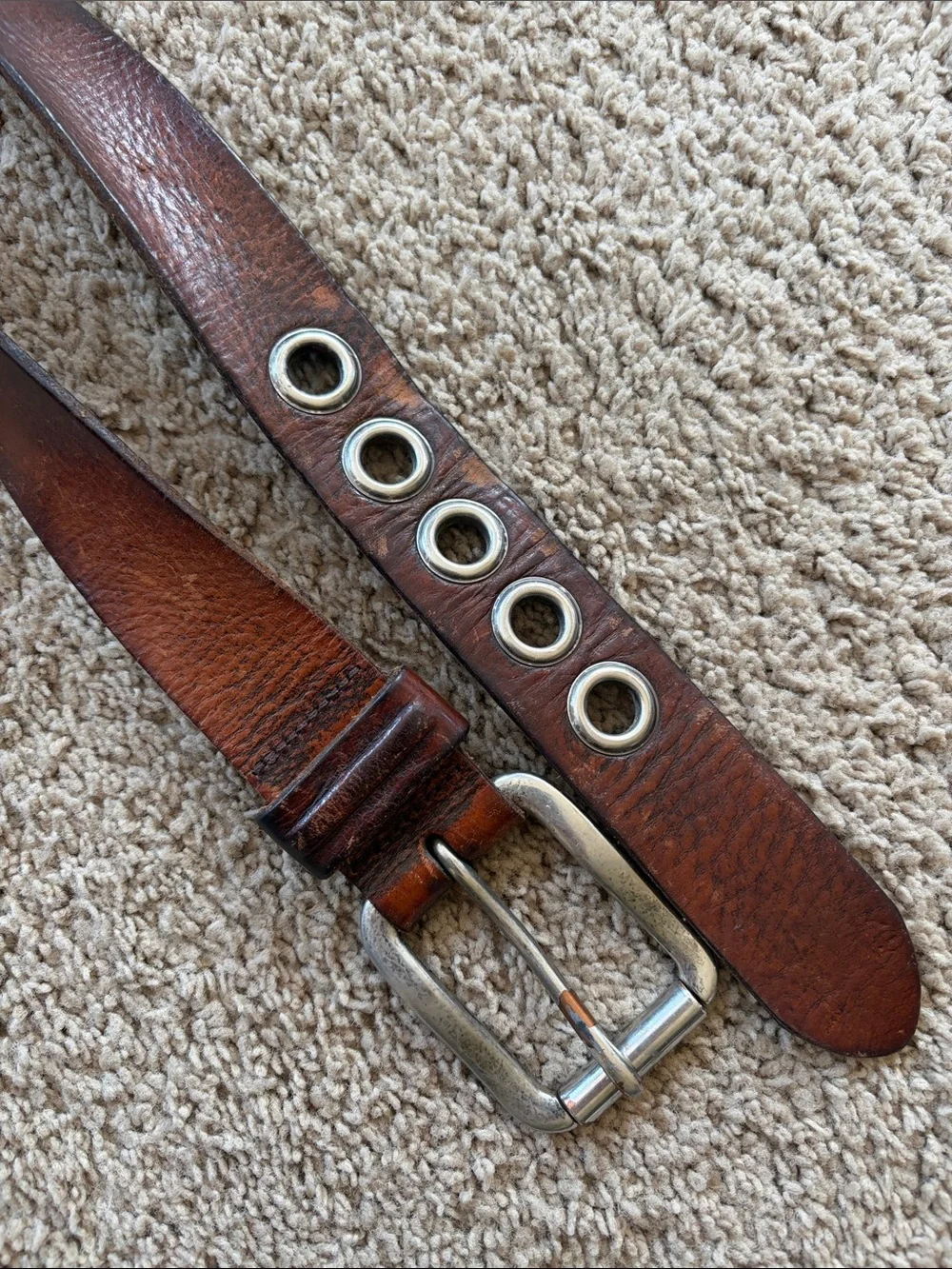 Vintage Genuine Brown Leather Silver tone Buckle And Grommets Mens Belt size 40